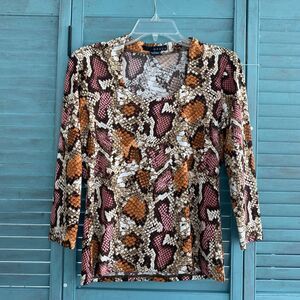 Grace Women's Blouse Shirt ~ Sz S ~ Orange & Brown ~ 3/4 Sleeve